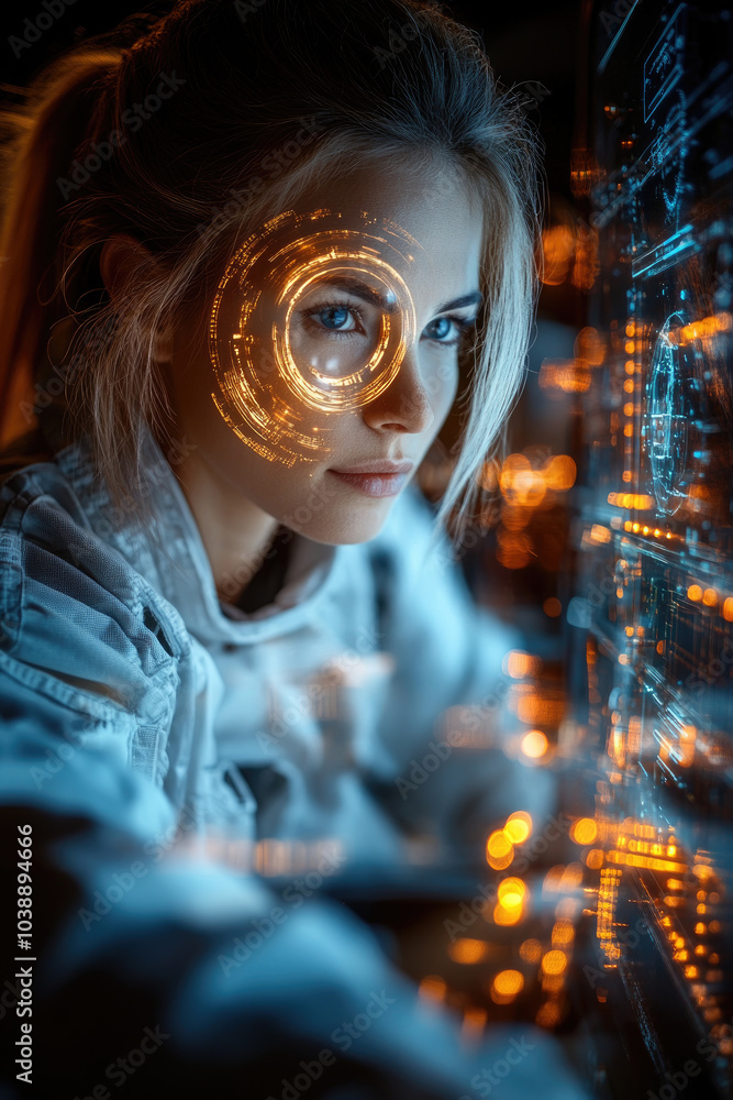 Poster a woman intently engages with an advanced digital interface while illuminated by glowing elements in