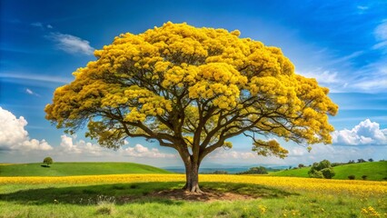 A tree with yellow flowers in the middle of a field
