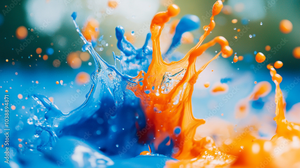 Poster colorful blue and orange paint splashes creating dynamic patterns during a creative art project