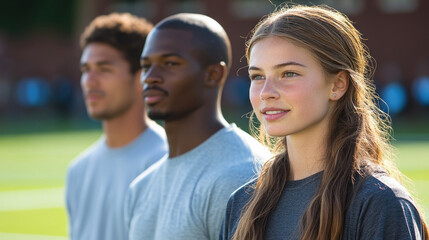 Fototapeta premium Three young athletes stand attentively on a training field, preparing for their athletic practice under bright sunlight