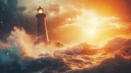 Waves surge powerfully against a lighthouse during a fierce hurricane at sunset on the coast