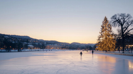 People Gliding on Ice at Dusk with Christmas Tree Lights