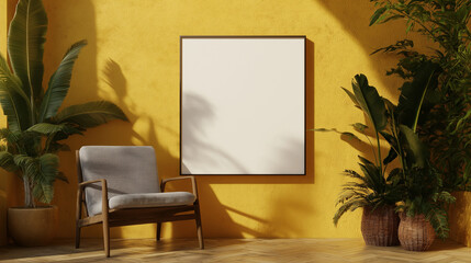Blank white frame on the wall of an yellow living room, plants and wooden furniture. AI generation