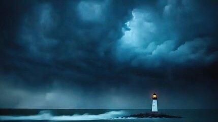 Fototapeta premium A lighthouse stands tall amidst the vast ocean, illuminating the night sky with its beacon atop