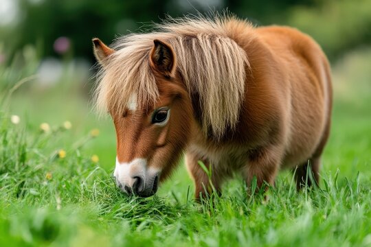 Small Shetland pony grazing