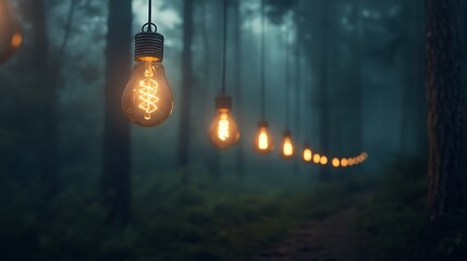 A row of hanging light bulbs glowing softly in a misty forest, with fog swirling around the warm lights.