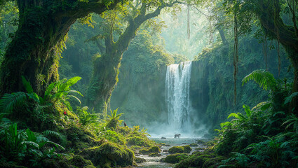 Majestic waterfall surrounded by dense green forest with sunlight filtering through trees
