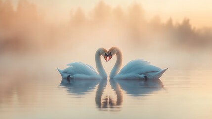 Two swans forming a heart shape in a misty lake at sunrise.