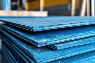 Soundproof drywall Blue soundproof panel for walls and ceilings Drywall stack in a hardware warehouse Room for text