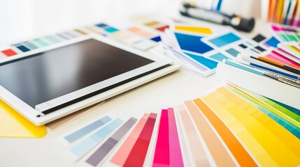 A tablet computer and color swatches on a white desk.