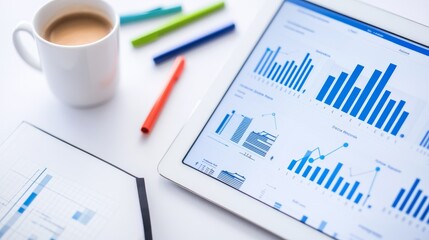 A tablet displaying bar graphs, a cup of coffee, and colorful markers on a white desk.