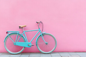 Fototapeta premium Blue bicycle parked against a pink wall, vibrant color contrast.