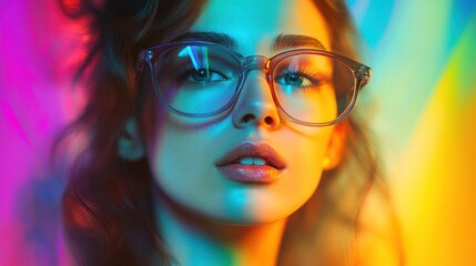 Fototapeta premium A close-up portrait of a woman wearing glasses, illuminated by vibrant, colorful lighting.