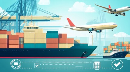 Obraz premium Cargo ship and planes in port.