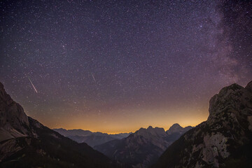 Magic sky full of stars and also falling stars deep in the Triglav National Park, Julian Alps in Slovenia.