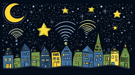 Cartoon city skyline with crescent moon and stars at night.