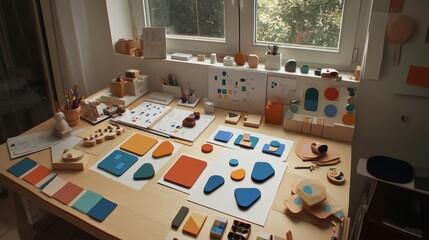 A wooden desk with many different colored shapes and blocks.