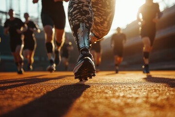 A group of athletes running on a track, focusing on a runner with a prosthetic leg. The image highlights determination, fitness, and inclusivity in sports.