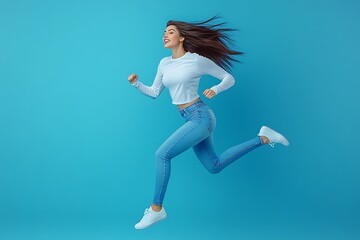 Fototapeta premium A woman in a white shirt and blue jeans is jumping in the air running hurry Black Friday, wear trendy white outfit isolated on blue color background. the woman is enjoying herself while running.