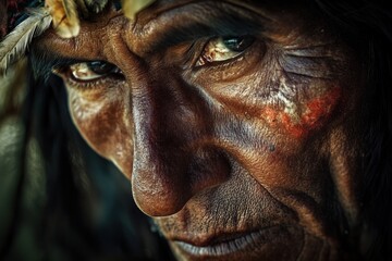 Intense close-up portrait of an indigenous man with painted face and deep-set eyes, highlighting his wrinkles and powerful expression, representing cultural depth and emotion.