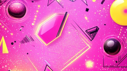 Abstract background with geometric shapes, shiny orbs and polka dots on a pink background.