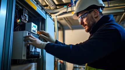 A technician calibrating automated lighting systems in a smart office building, Lighting system calibration scene, Smart building technology style