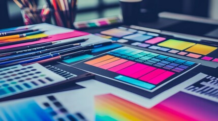Colorful color swatches, pencils, and pens on a desk.