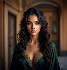 A young woman of stunning beauty who resembles Queen Esther from the Bible. She has long dark hair, radiant olive skin and captivating brown eyes