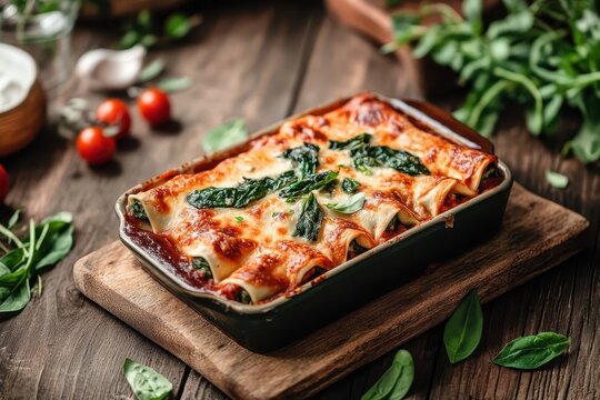 Spinach filled Italian pasta Cannelloni Ricotta e Spinaci