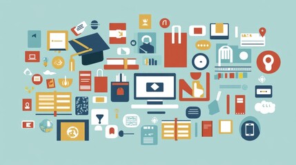 Colorful flat icons related to education, learning, and knowledge.