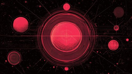 Abstract digital art with red circle patterns against a black background with scattered dots.
