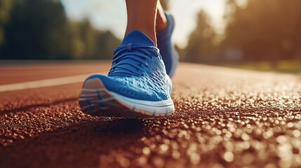 Close-up of a runner's blue shoe on a race track 