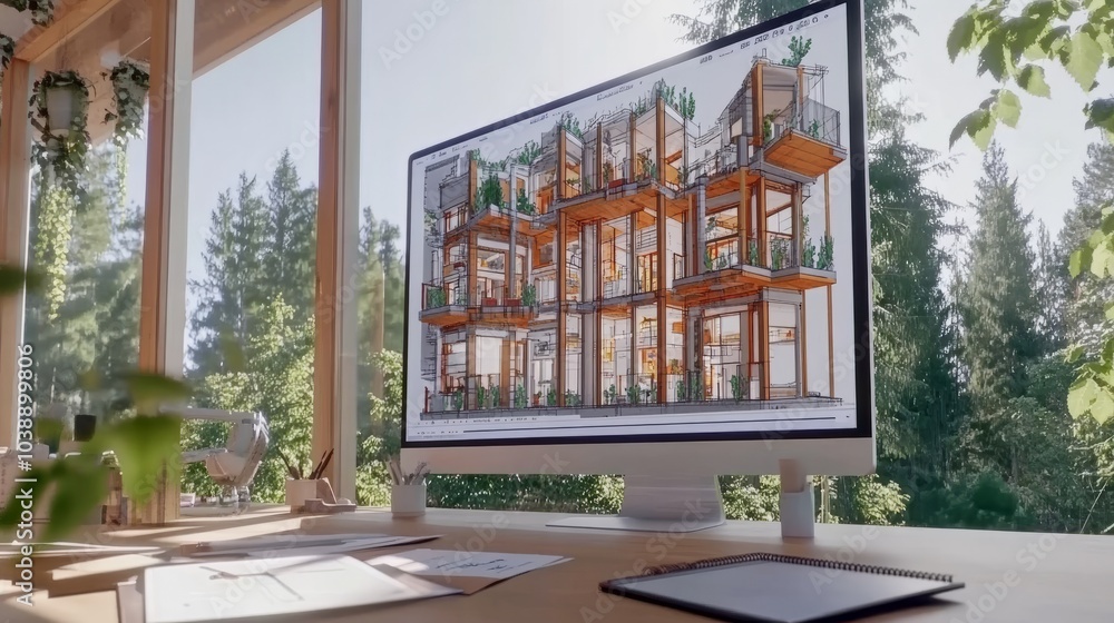 Poster computer screen displaying a 3d model of a modern wooden house with a forest view outside the window