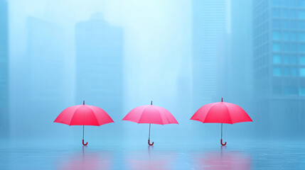 Obraz premium Bright red umbrellas stand out against a misty city backdrop during a rainy afternoon