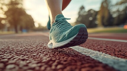 Close-up of a runner's green shoe on a race track 