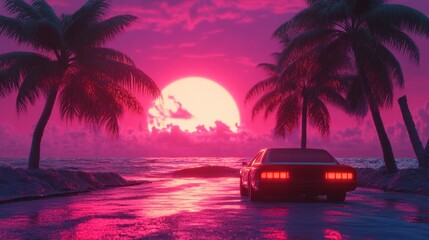 A vibrant sunset scene with a retro car and palm trees by the ocean.