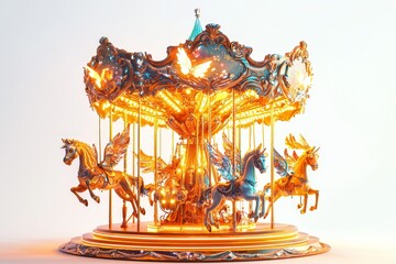 Charming Carousel of Winged Horses Illuminated by Enchanting Lights in a Dreamy Fantasy Setting