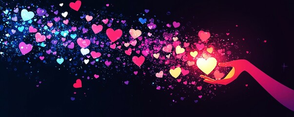 Hand releasing colorful hearts, symbolizing love and affection against a dreamy background.