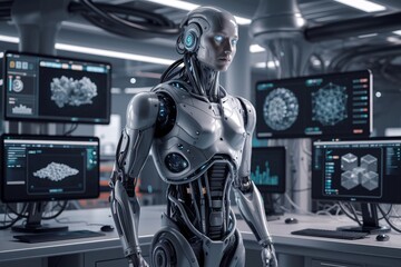 Fototapeta premium A highly detailed humanoid robot standing in a futuristic laboratory. 