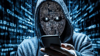 hacker wearing white mask with binary code digital interface using smartphone to steal financial data double exposure data theft internet fraud darknet deepweb and cyber security concept. AI generated
