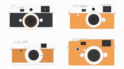 Four vintage cameras in different color combinations, isolated on white background.