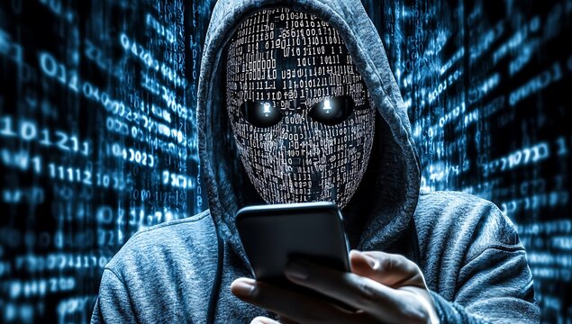hacker wearing white mask with binary code digital interface using smartphone to steal financial data double exposure data theft internet fraud darknet deepweb and cyber security concept. AI generated