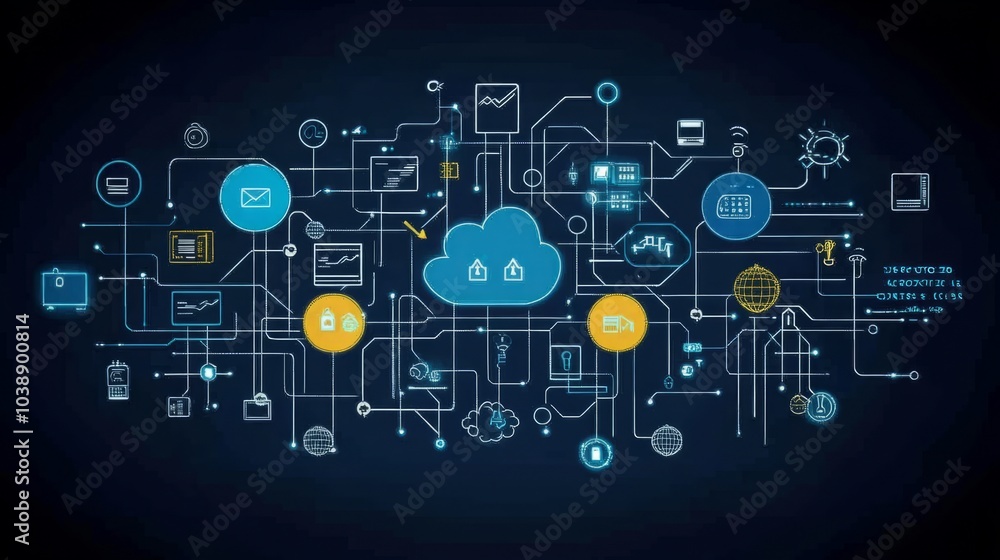 Poster futuristic digital network with glowing blue lines and icons representing internet of things and con
