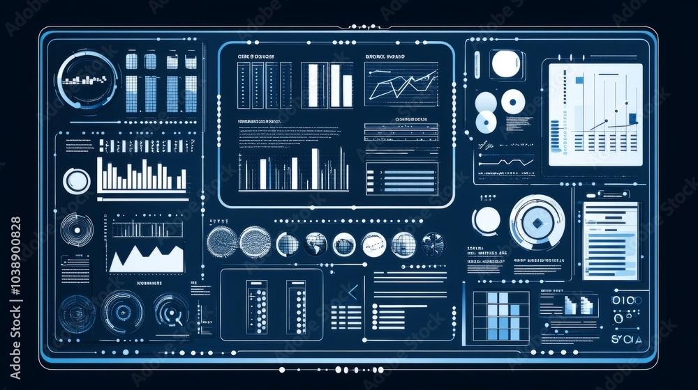 Poster futuristic digital interface with various charts, graphs and data.
