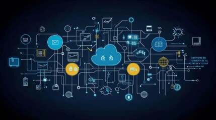 Obraz premium Futuristic digital network with glowing blue lines and icons representing internet of things and connected devices.