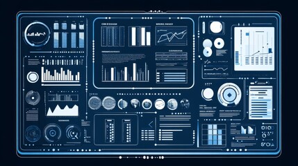 Futuristic digital interface with various charts, graphs and data.