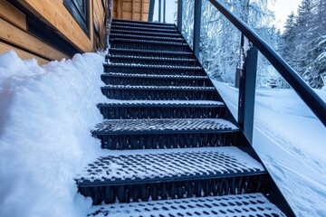 Steel grating staircases with rubber non slip mats raised cottage steps simplify snow removal from ski boots in a mountain hut s winter setting