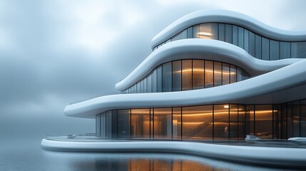 Naklejka premium Modern white building with curved lines and large windows overlooking the water.