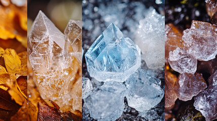 Obraz premium Variety of colorful crystals displayed on a natural surface with autumn leaves in sunlight