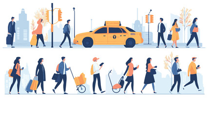 Set of friends and couples going out to downtown. Flat vector illustrations of people ordering taxi by call. Walking,
